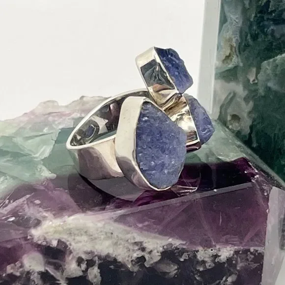 Sterling Silver Raw Amethyst Ring Chunky Triple Stone Size O Stamped 925 - Picture 2 of 12